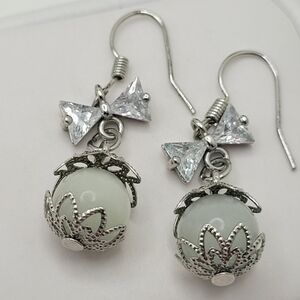 ✨2/$10✨ Moonstone Bowtie Silver Earrings Ball Sparkle Dangle Crystal